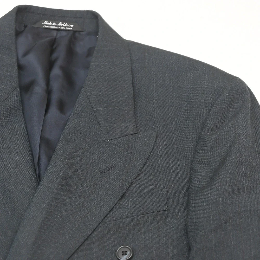 Vtg Y2K 2000s Double Breasted 38S 32x30 Blue Striped Wool Mens Jacket Pants Suit